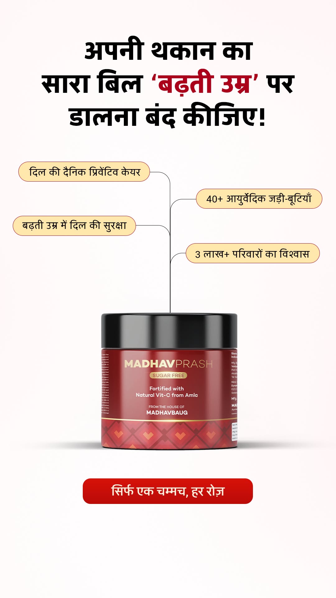 Madhavprash ad creative — थकान का बिल बढ़ती उम्र पर मत डालिए